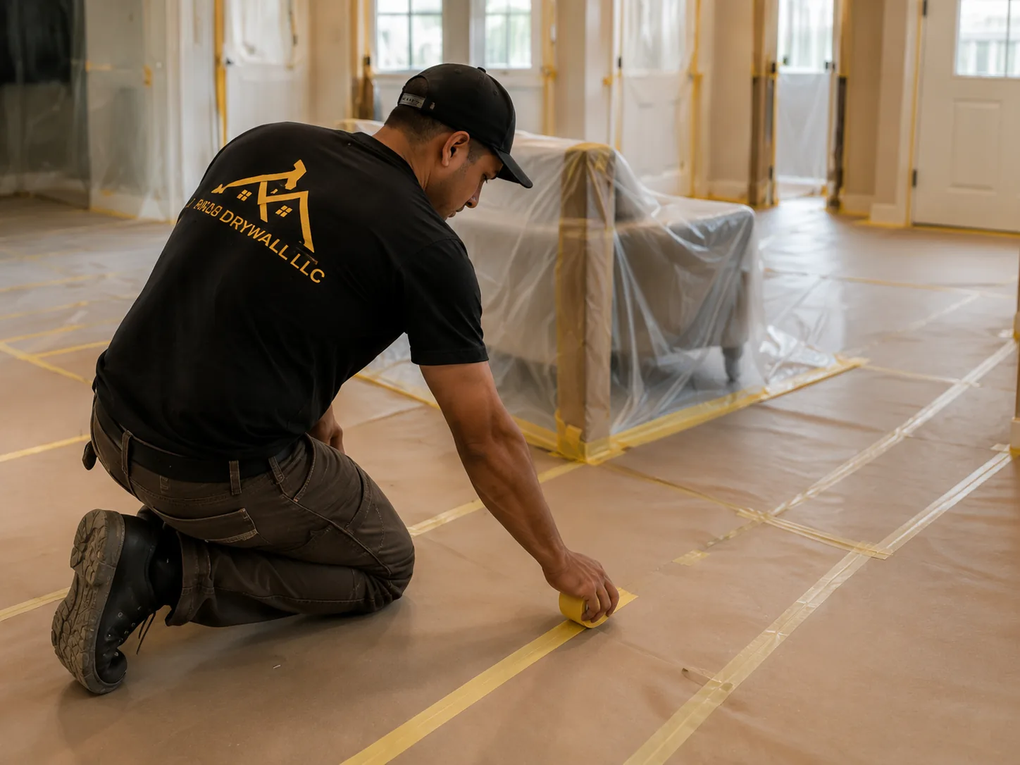 Drywall professional working on a construction site
